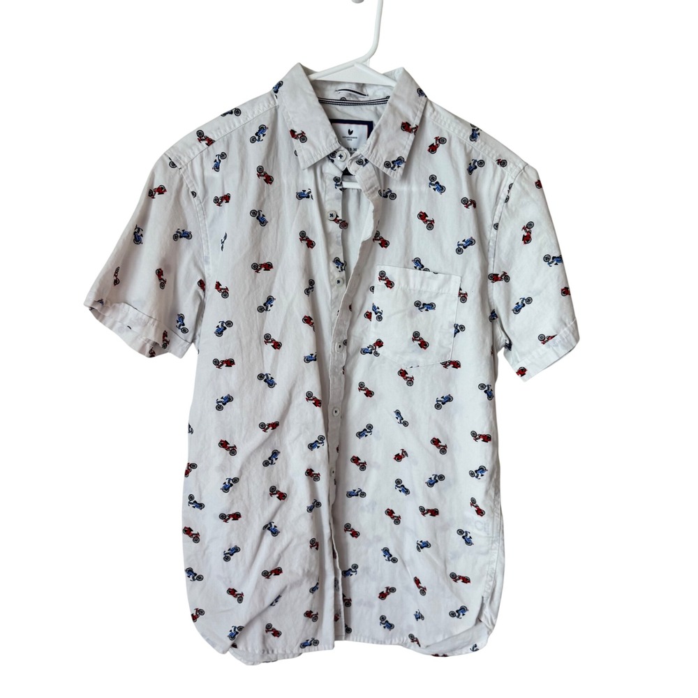 Cactus Man White Motorcycle‎ Print Short Sleeve Slim Fit Button Down Shirt Small